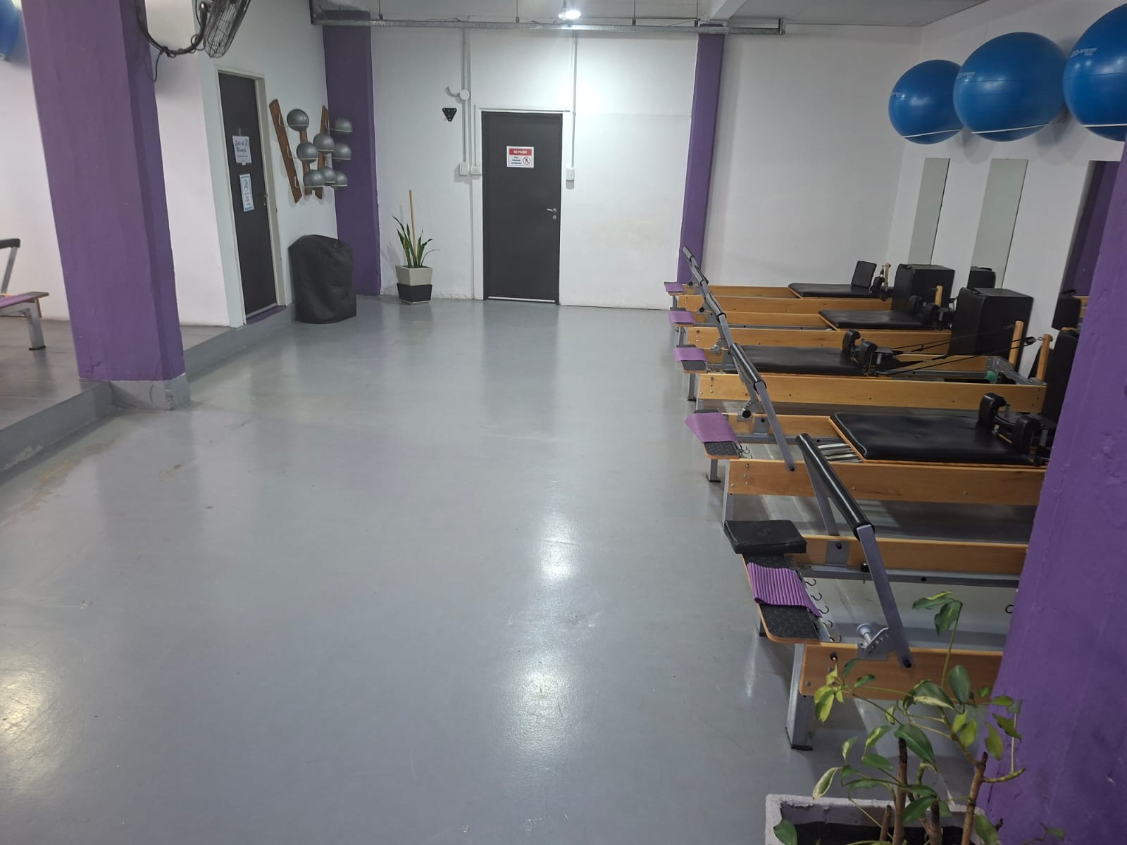 Interior del estudio Be Balance en San Andrés con reformers y columnas violetas